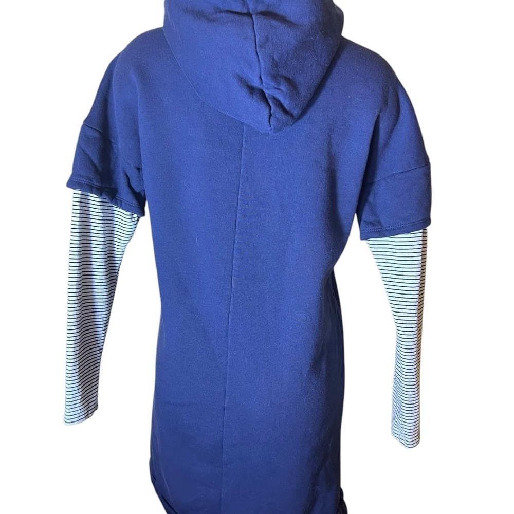 Navy Blue Hoodie Dress with Striped Sleeves - Picture 2 of 8